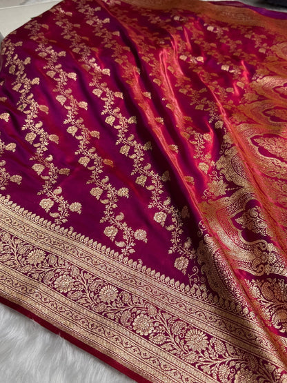Banarasi Cross Jaal Satin Katan Silk Saree | Jacquard Woven Traditional Banarasi Saree