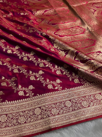 Banarasi Cross Jaal Satin Katan Silk Saree | Jacquard Woven Traditional Banarasi Saree