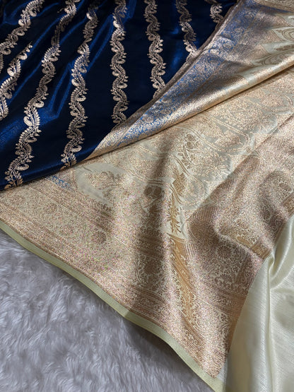 Cross Pattern Banarasi Satin Silk Saree | Jacquard Weave Satin Katan Silk Saree for Women