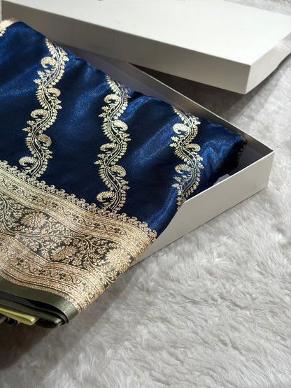Cross Pattern Banarasi Satin Silk Saree | Jacquard Weave Satin Katan Silk Saree for Women