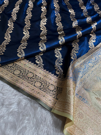 Cross Pattern Banarasi Satin Silk Saree | Jacquard Weave Satin Katan Silk Saree for Women