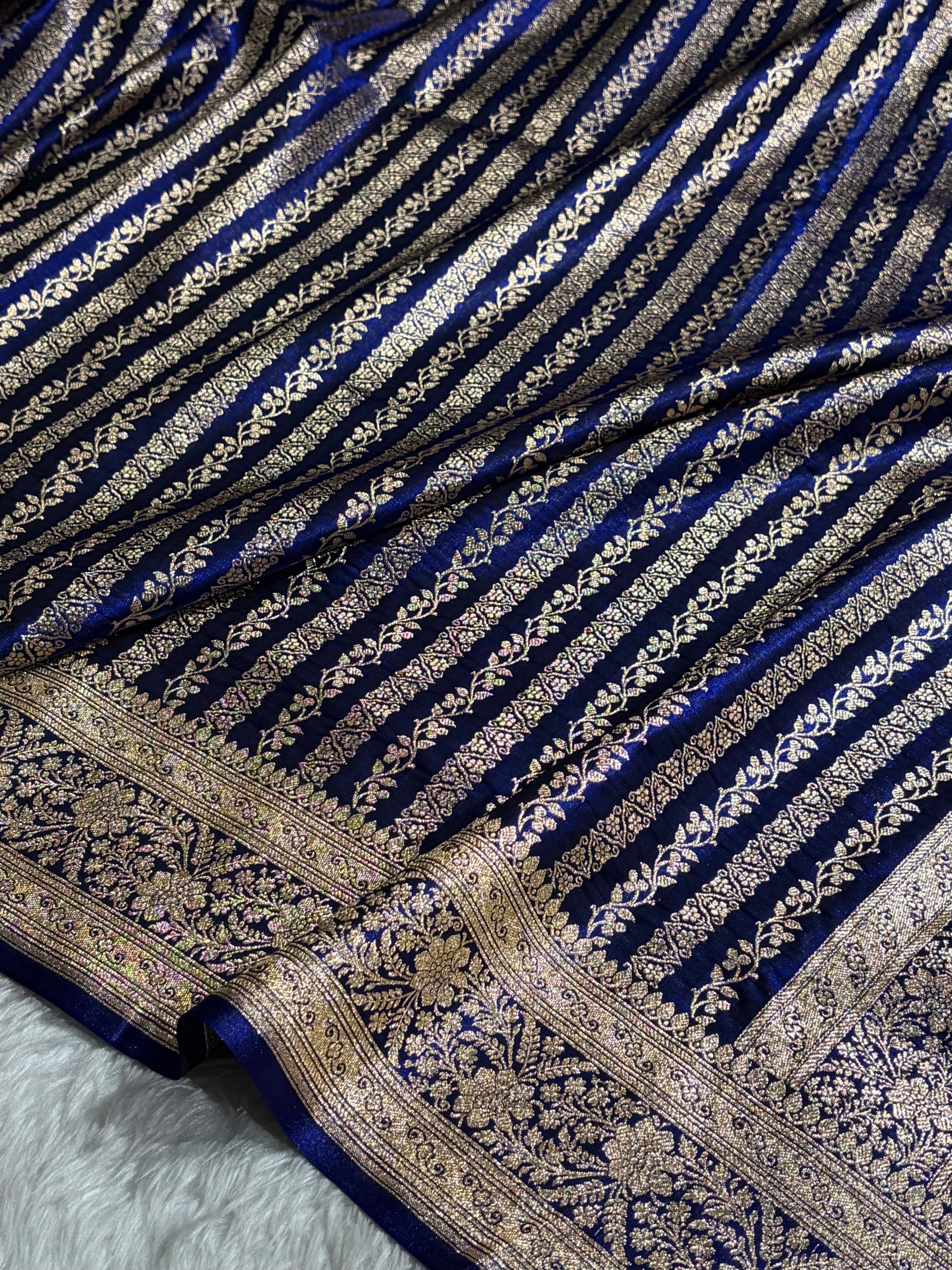 Royal Blue Shades Stripe Pattern Banarasi Satin Silk Saree