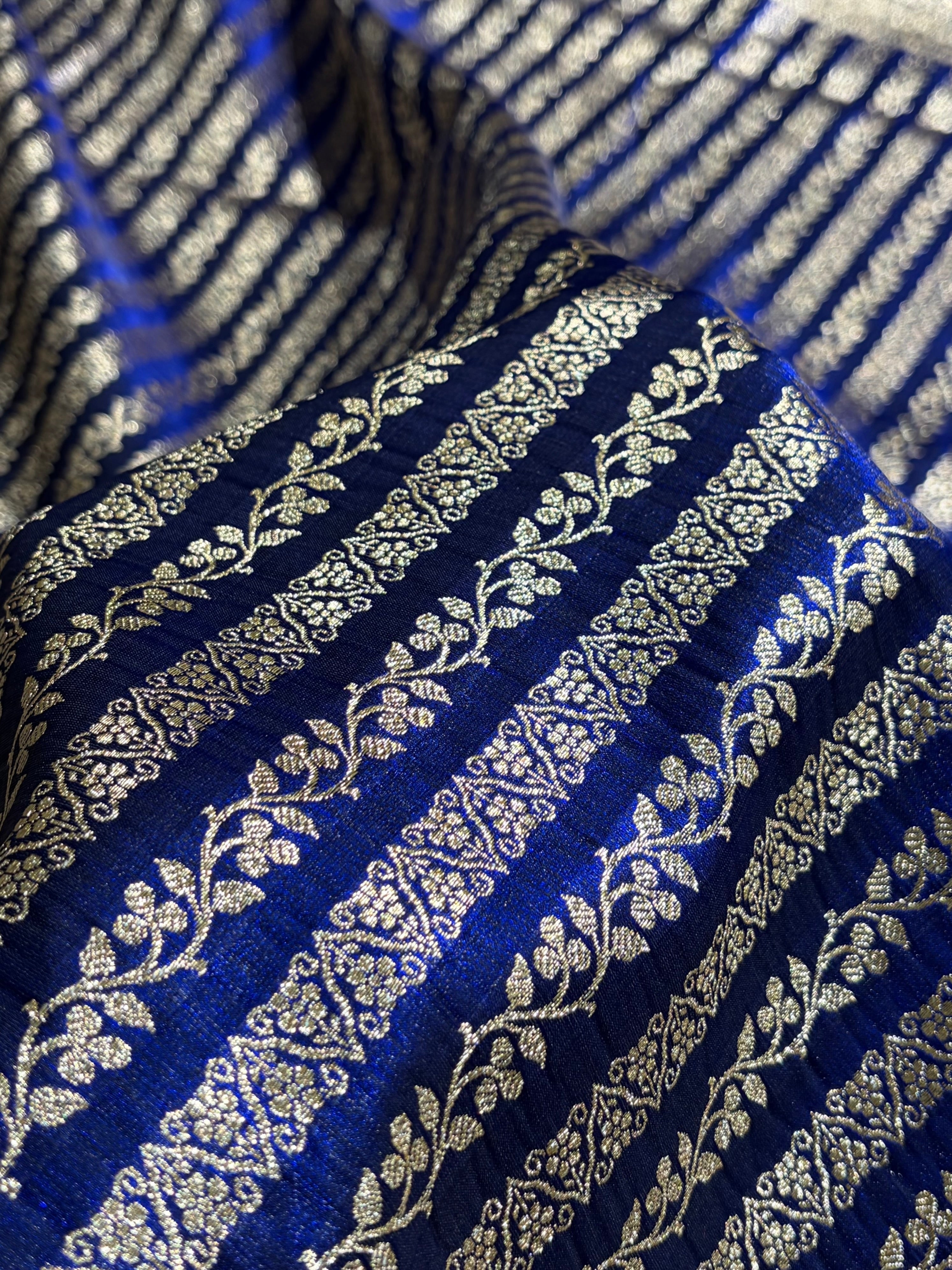 Royal Blue Shades Stripe Pattern Banarasi Satin Silk Saree