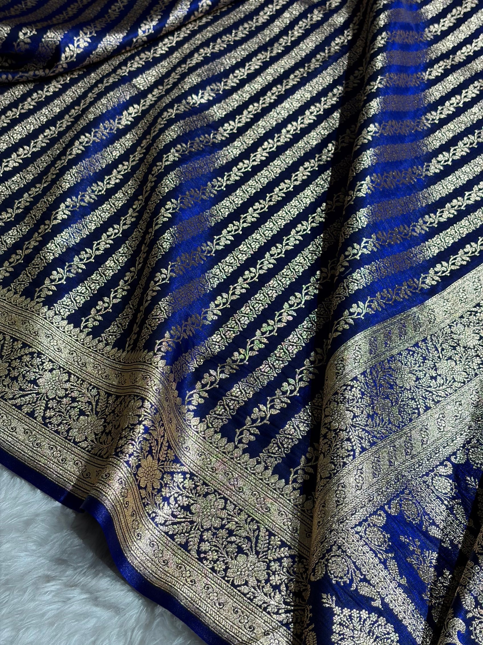 Royal Blue Shades Stripe Pattern Banarasi Satin Silk Saree