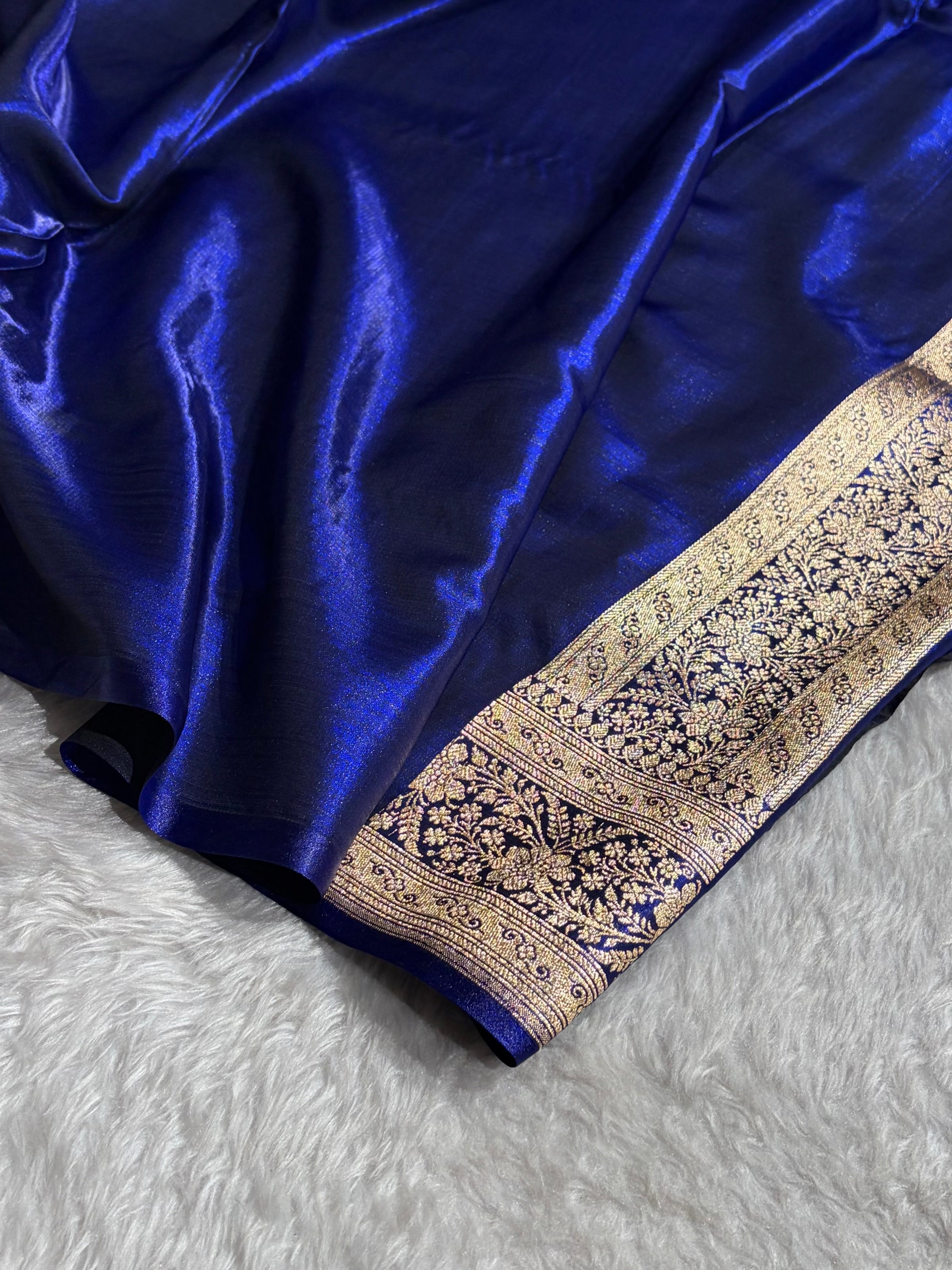 Royal Blue Shades Stripe Pattern Banarasi Satin Silk Saree