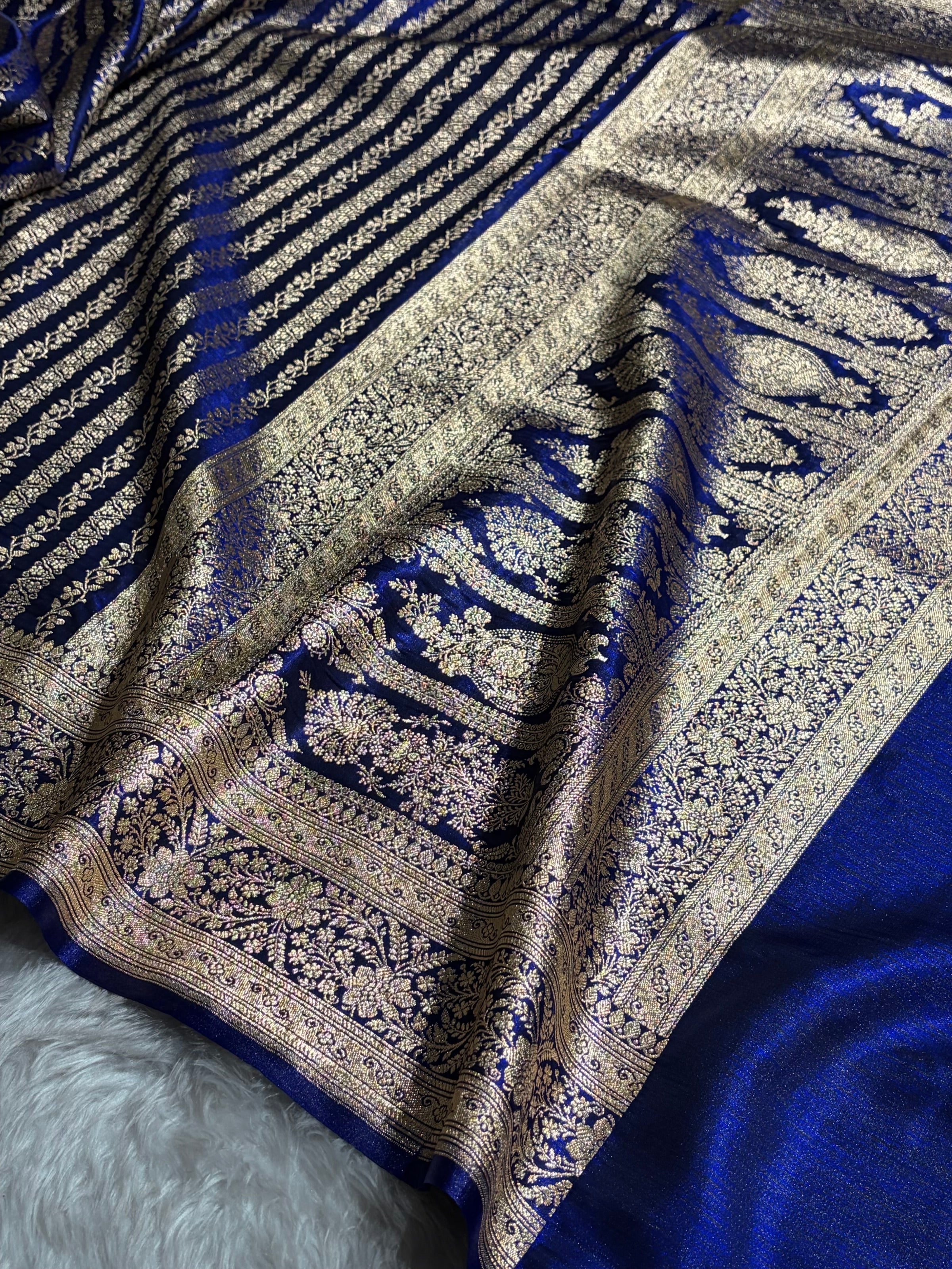 Royal Blue Shades Stripe Pattern Banarasi Satin Silk Saree