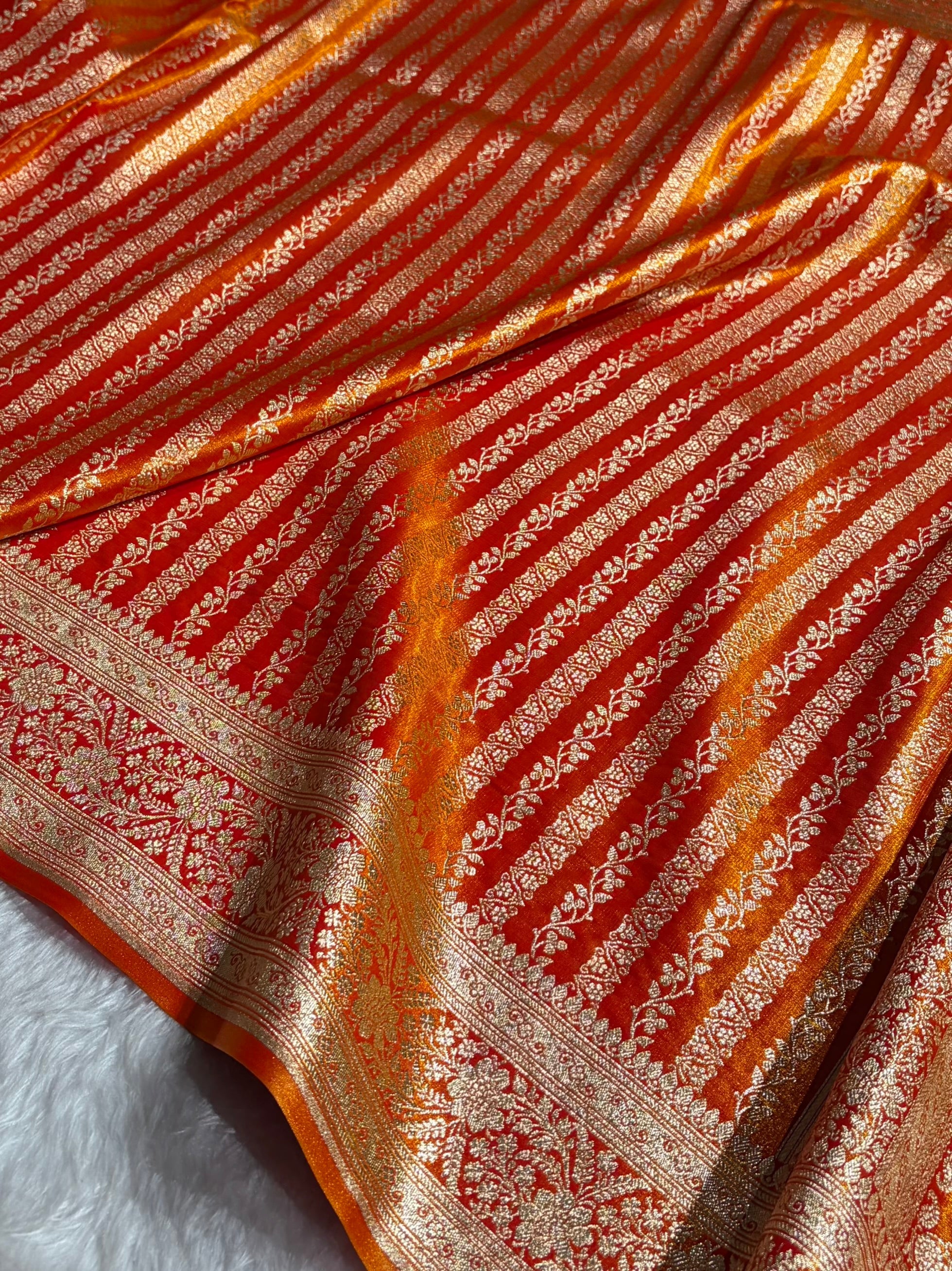 Royal Blue Shades Stripe Pattern Banarasi Satin Silk Saree