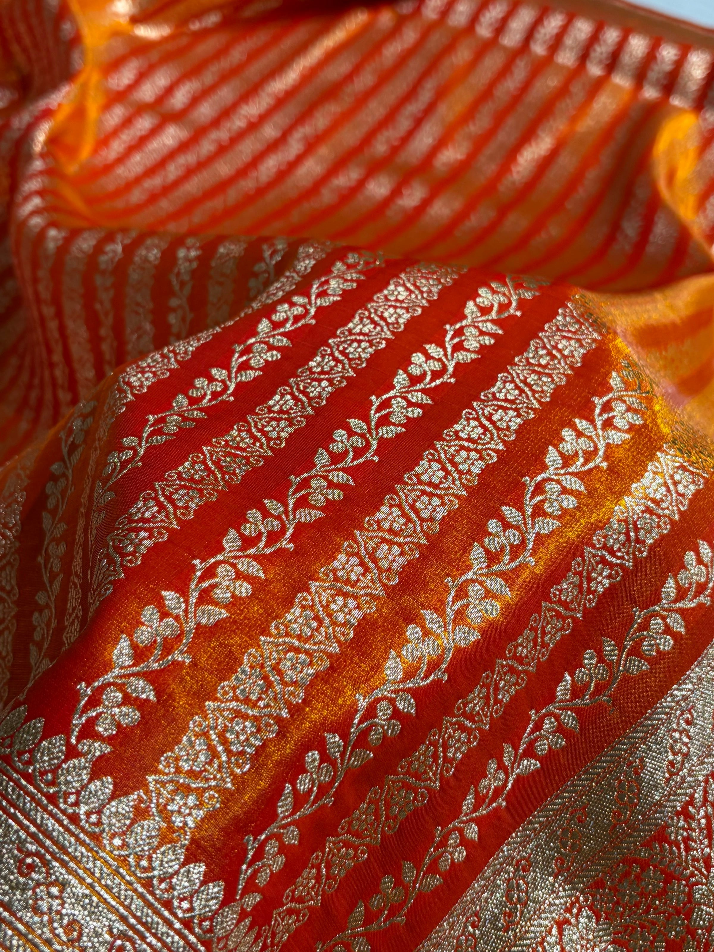 Royal Blue Shades Stripe Pattern Banarasi Satin Silk Saree