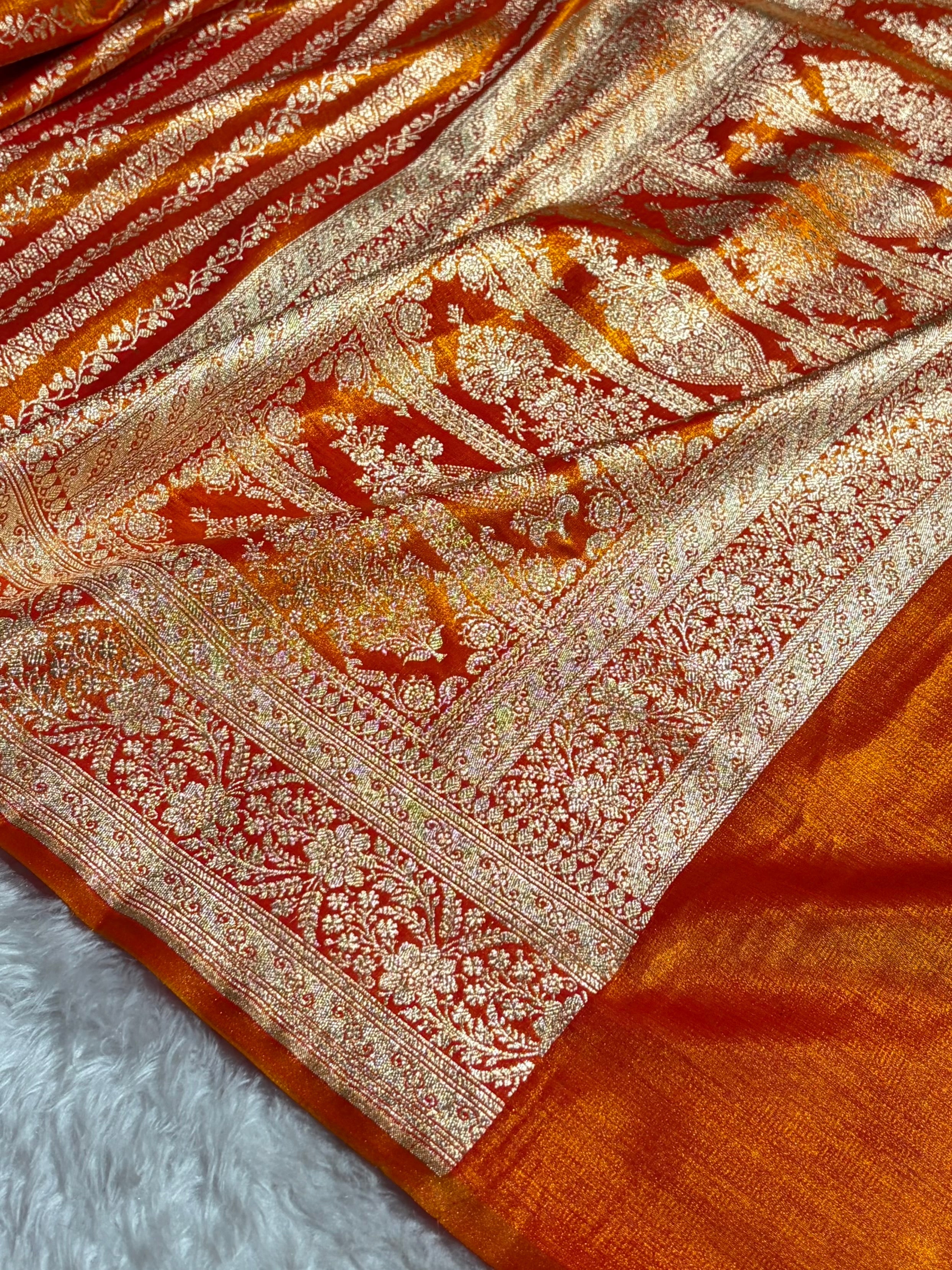 Royal Blue Shades Stripe Pattern Banarasi Satin Silk Saree