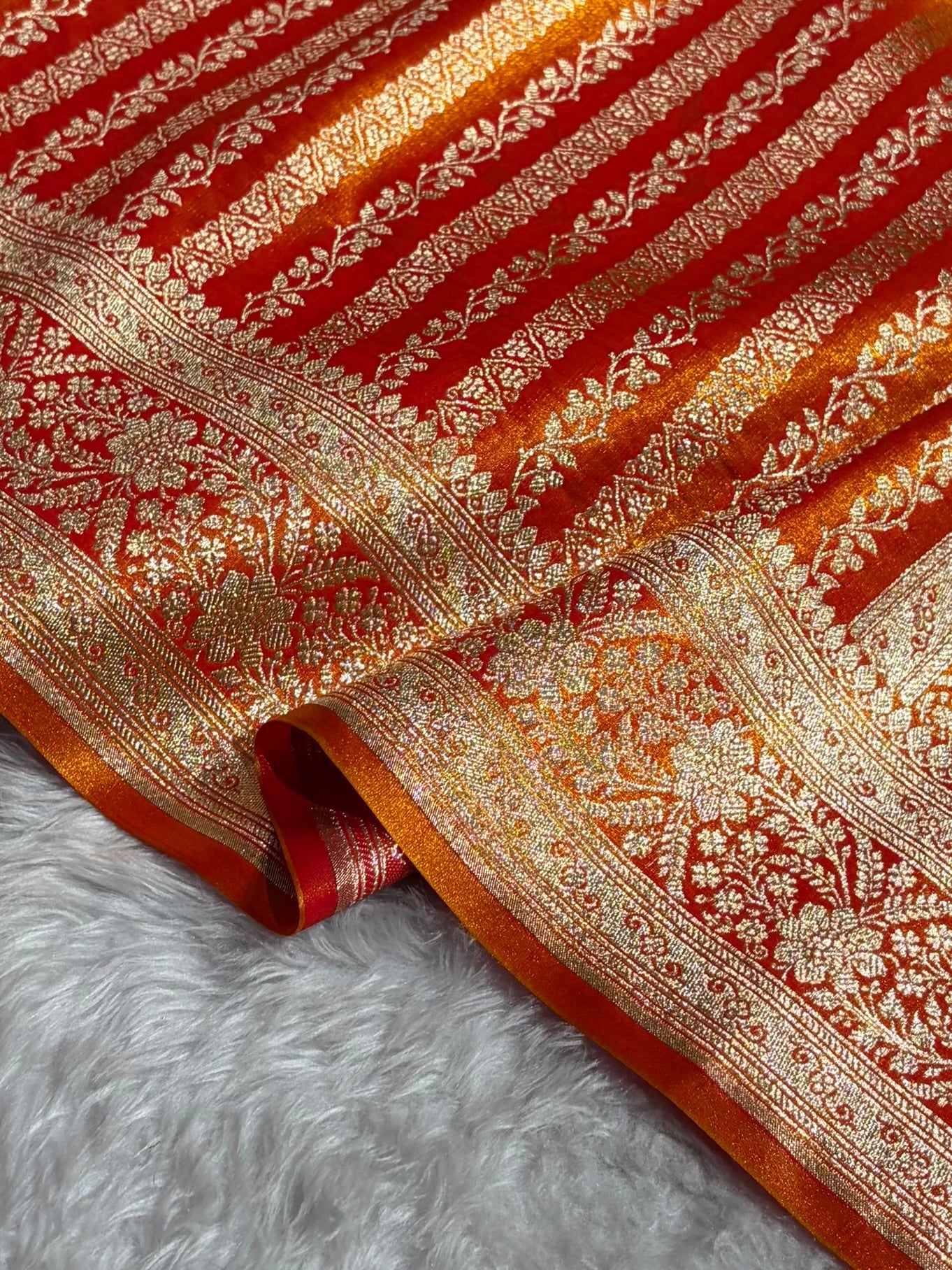 Royal Blue Shades Stripe Pattern Banarasi Satin Silk Saree
