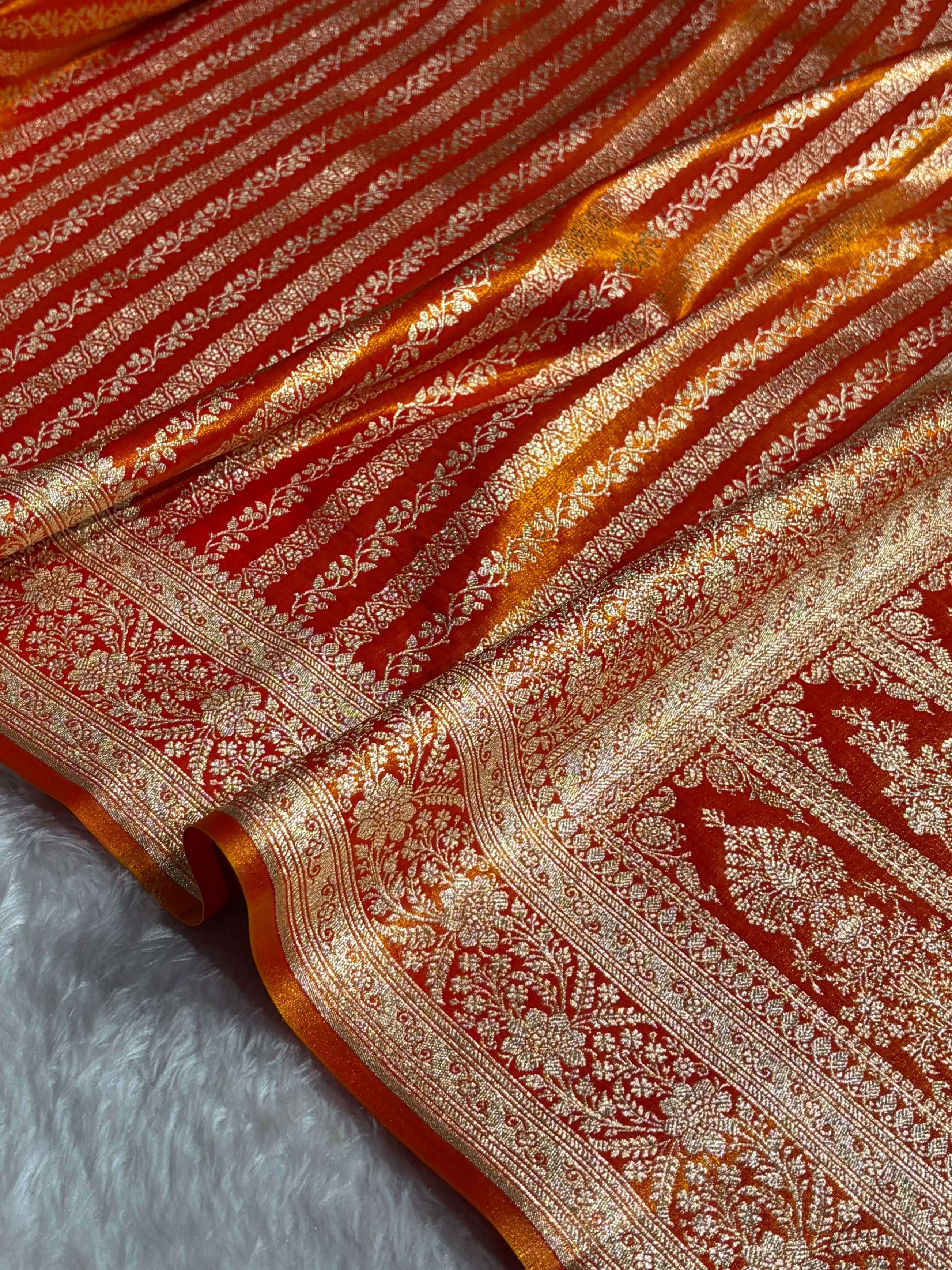 Royal Blue Shades Stripe Pattern Banarasi Satin Silk Saree