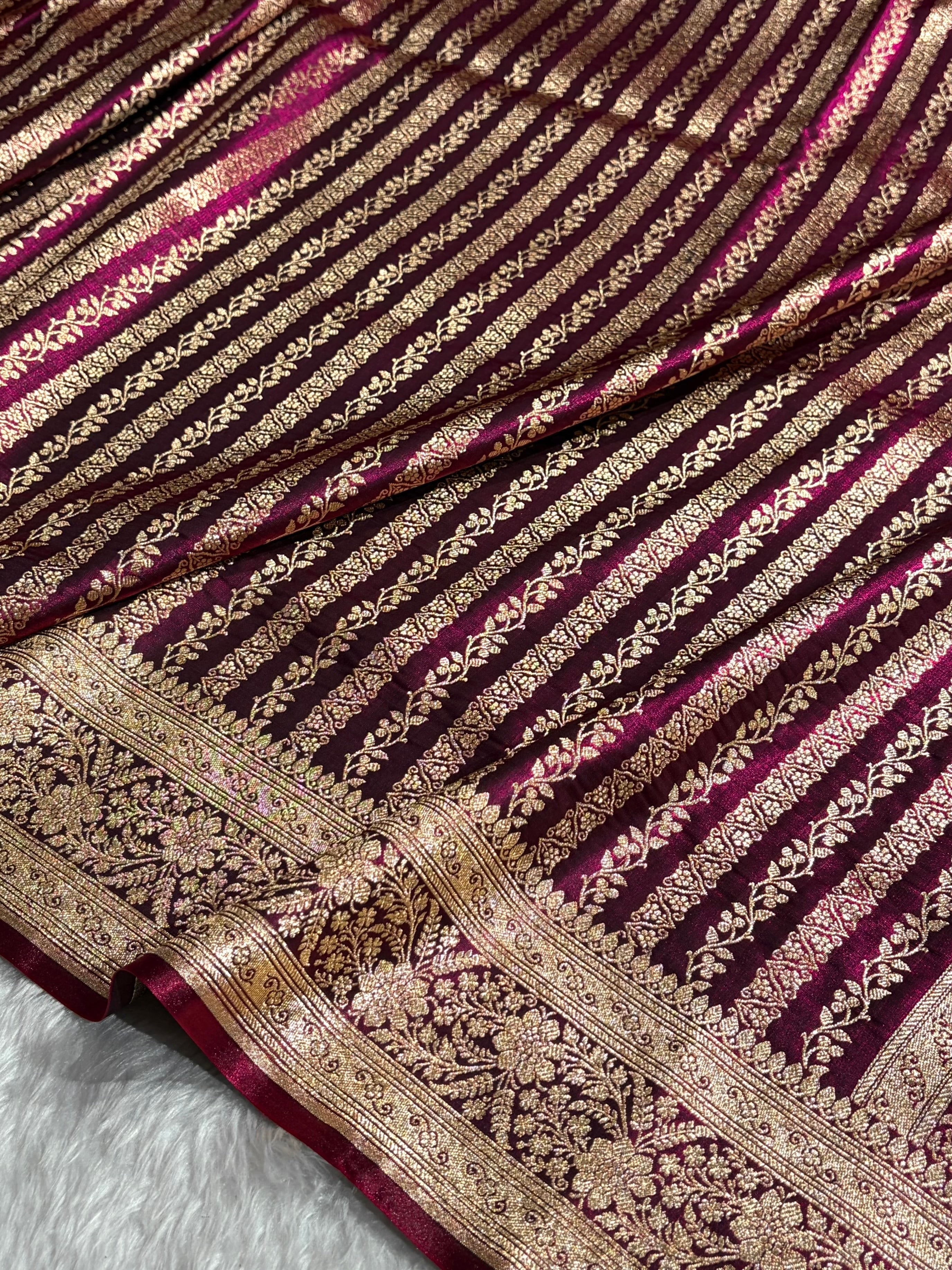 Royal Blue Shades Stripe Pattern Banarasi Satin Silk Saree