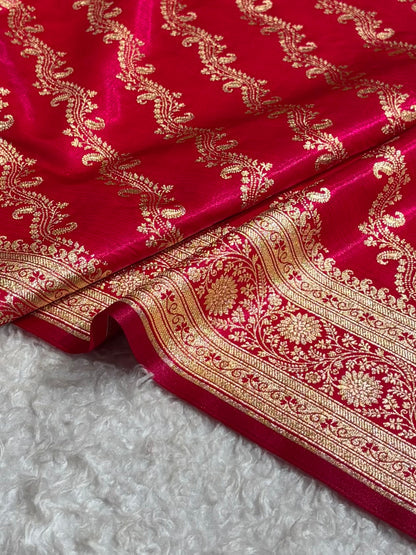 Cross Pattern Banarasi Satin Silk Saree | Jacquard Weave Satin Katan Silk Saree for Women