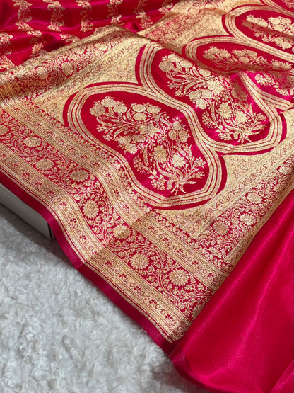 Cross Pattern Banarasi Satin Silk Saree | Jacquard Weave Satin Katan Silk Saree for Women