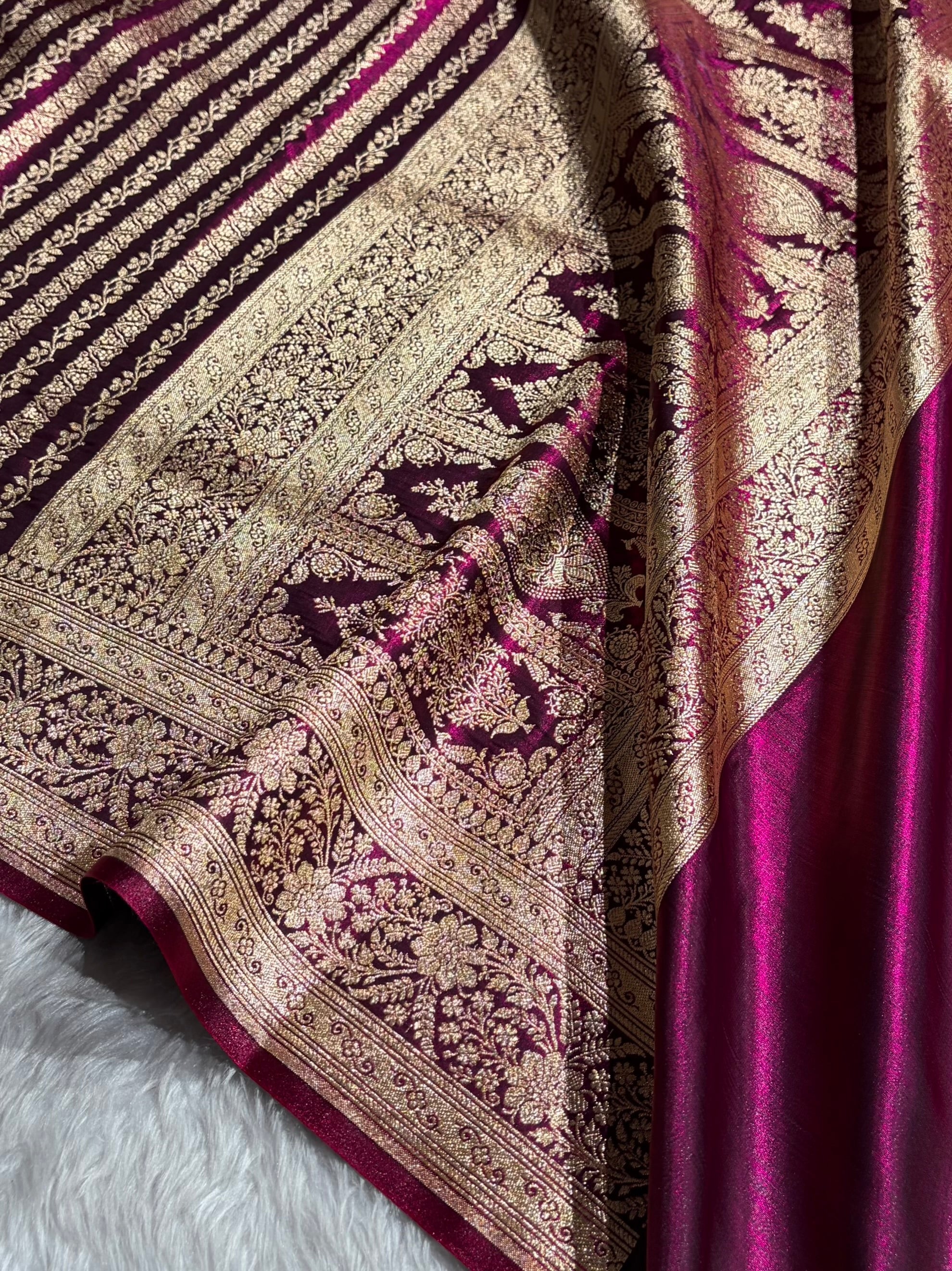 Royal Blue Shades Stripe Pattern Banarasi Satin Silk Saree