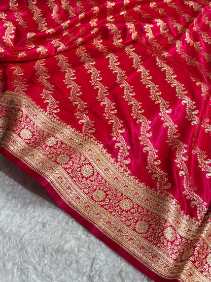 Cross Pattern Banarasi Satin Silk Saree | Jacquard Weave Satin Katan Silk Saree for Women