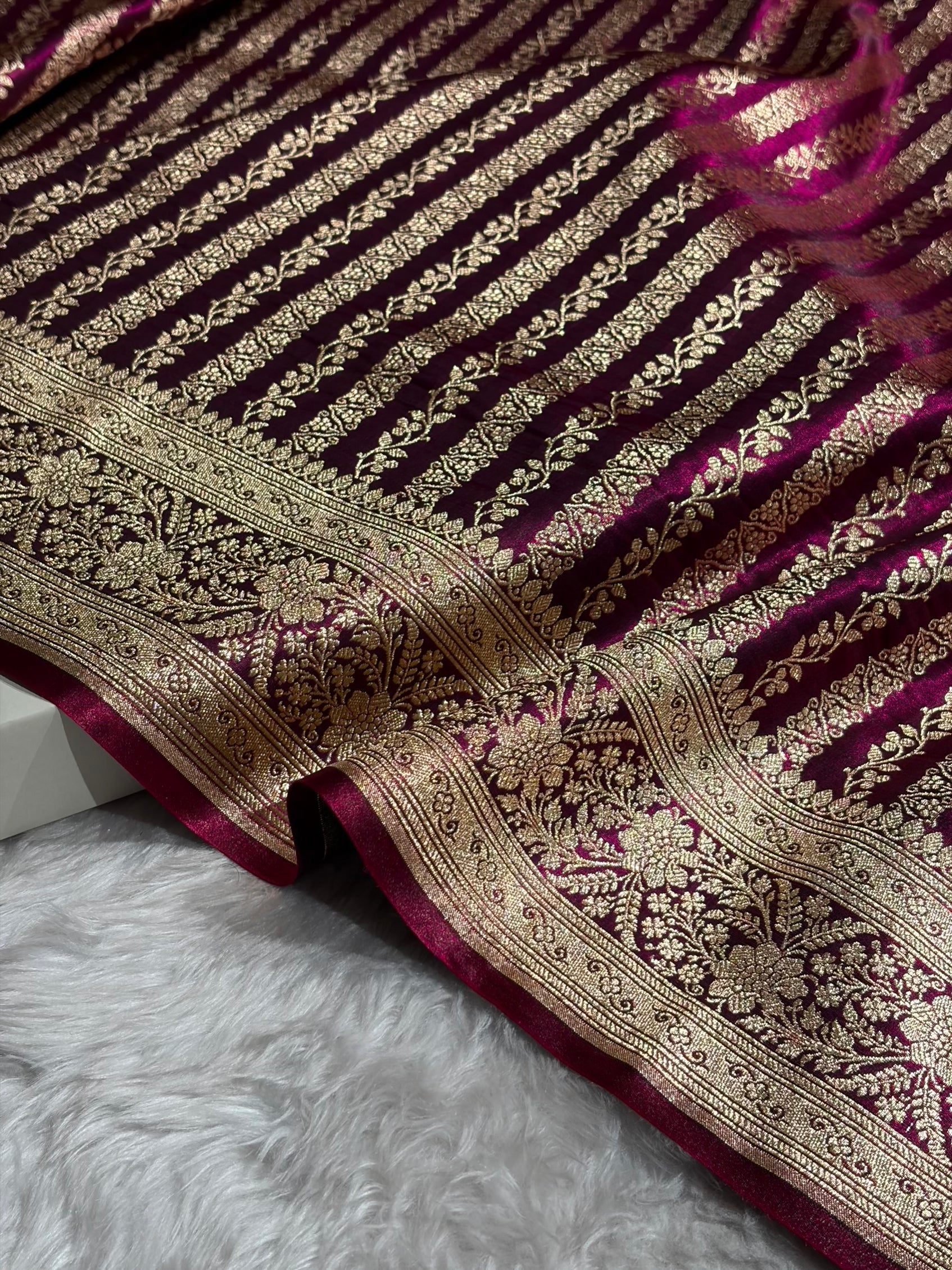 Royal Blue Shades Stripe Pattern Banarasi Satin Silk Saree