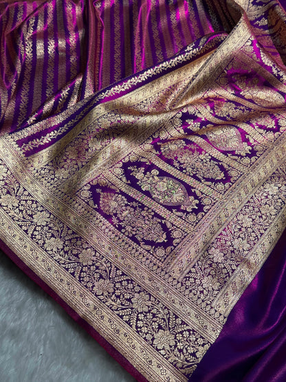 Royal Blue Shades Stripe Pattern Banarasi Satin Silk Saree