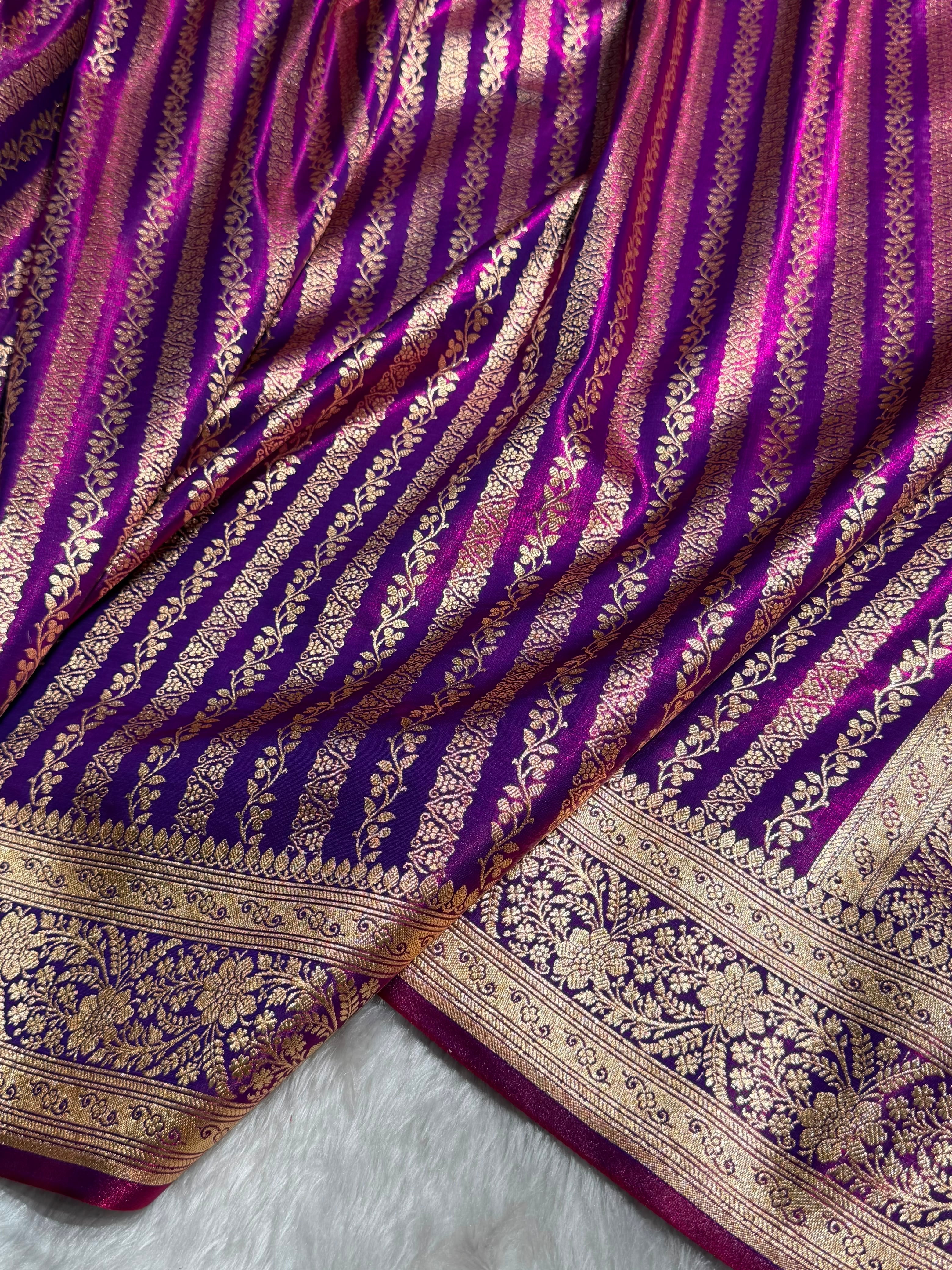 Royal Blue Shades Stripe Pattern Banarasi Satin Silk Saree