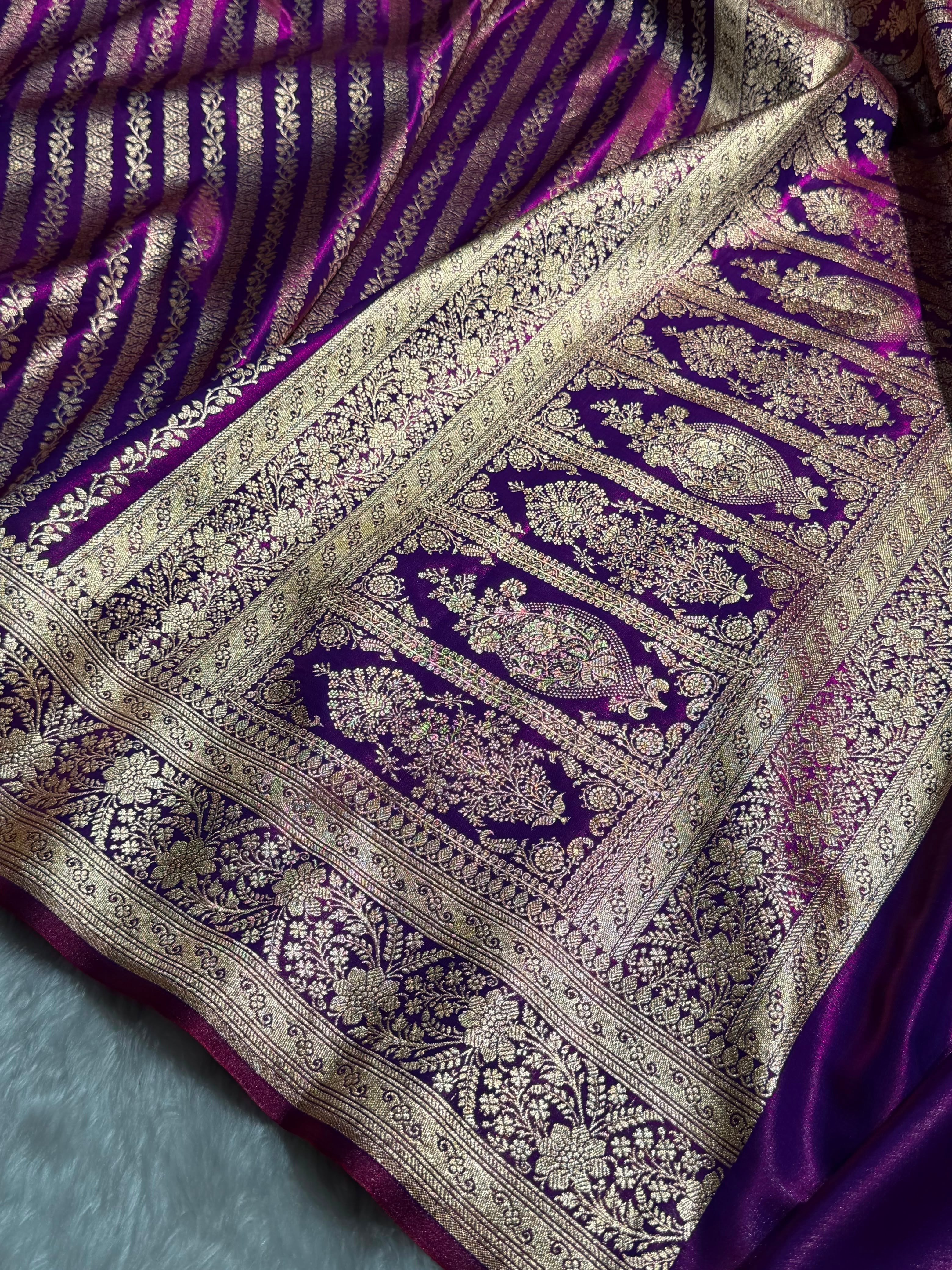 Royal Blue Shades Stripe Pattern Banarasi Satin Silk Saree