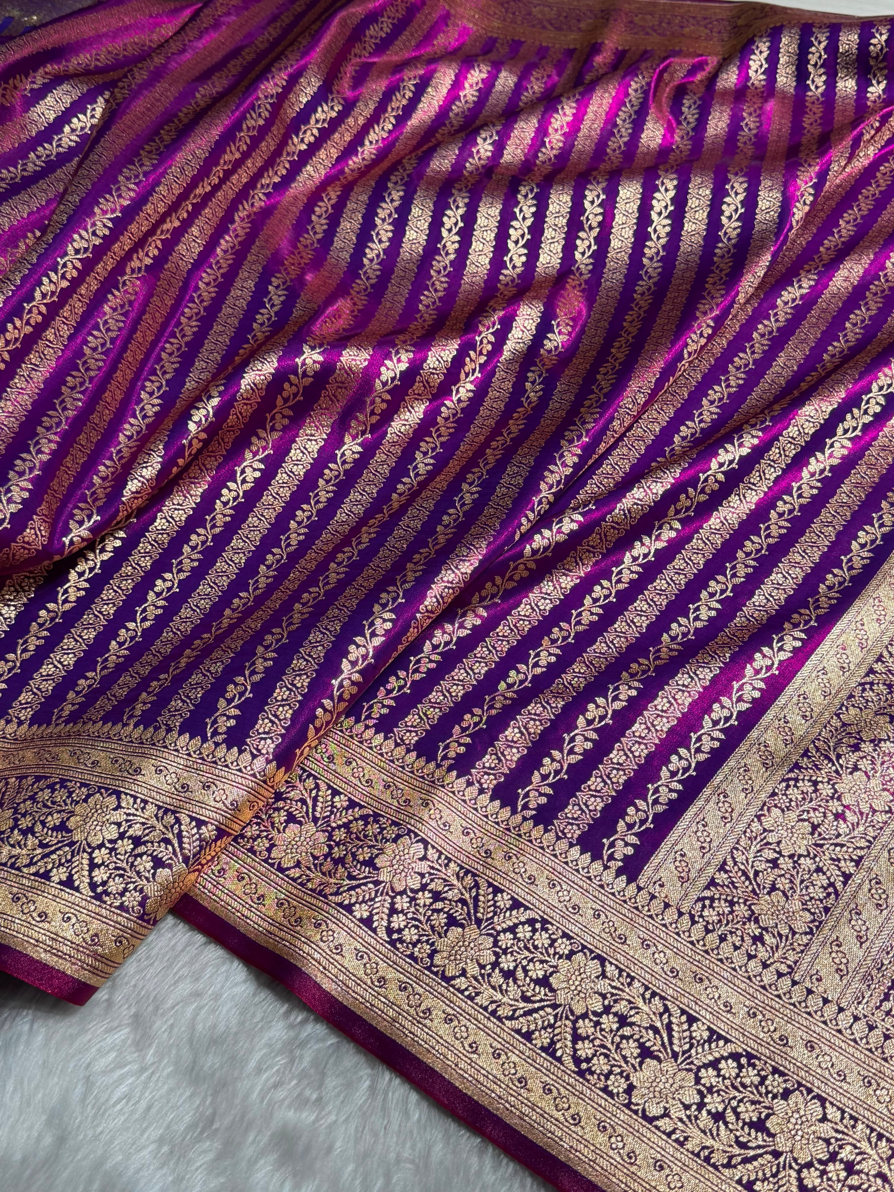 Royal Blue Shades Stripe Pattern Banarasi Satin Silk Saree