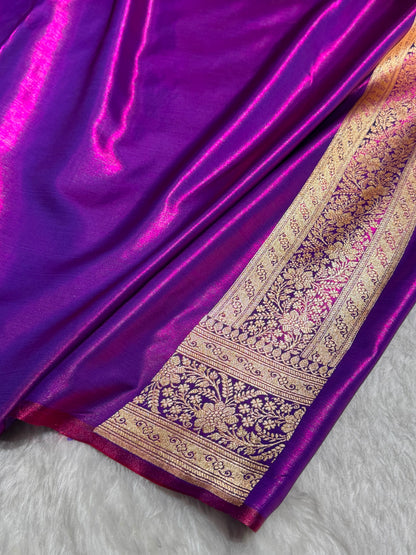 Royal Blue Shades Stripe Pattern Banarasi Satin Silk Saree