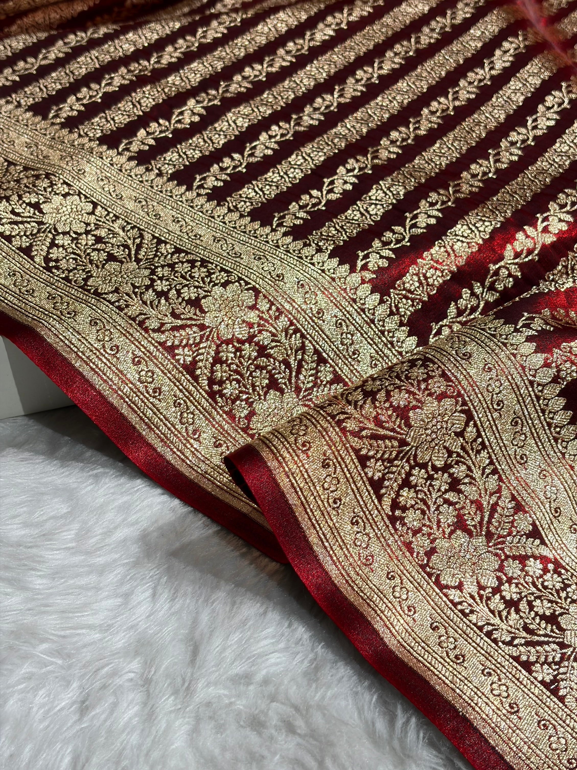 Royal Blue Shades Stripe Pattern Banarasi Satin Silk Saree