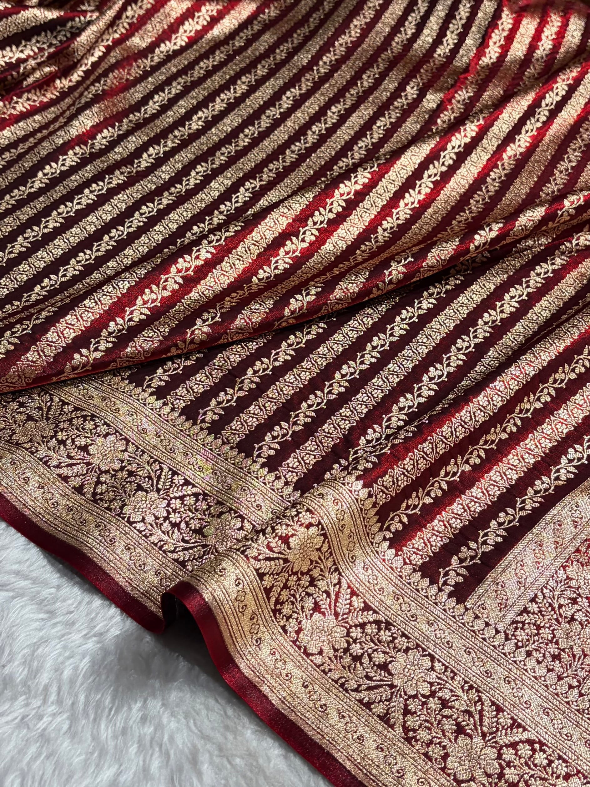 Royal Blue Shades Stripe Pattern Banarasi Satin Silk Saree
