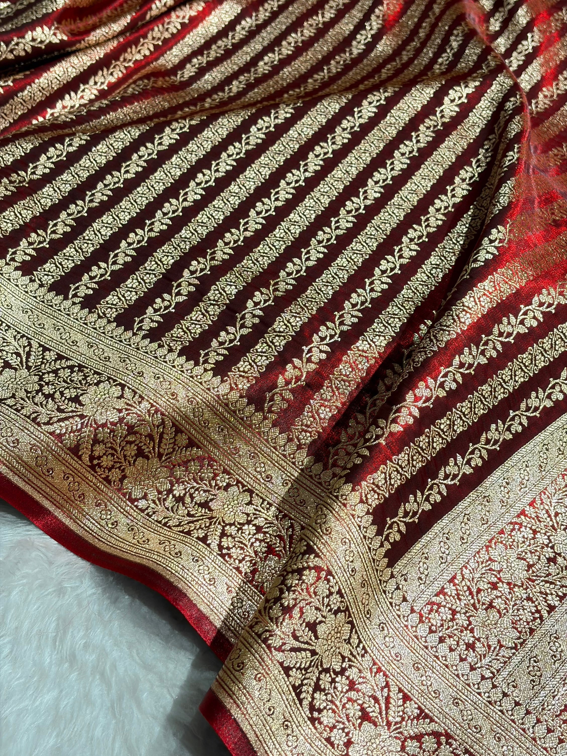 Royal Blue Shades Stripe Pattern Banarasi Satin Silk Saree