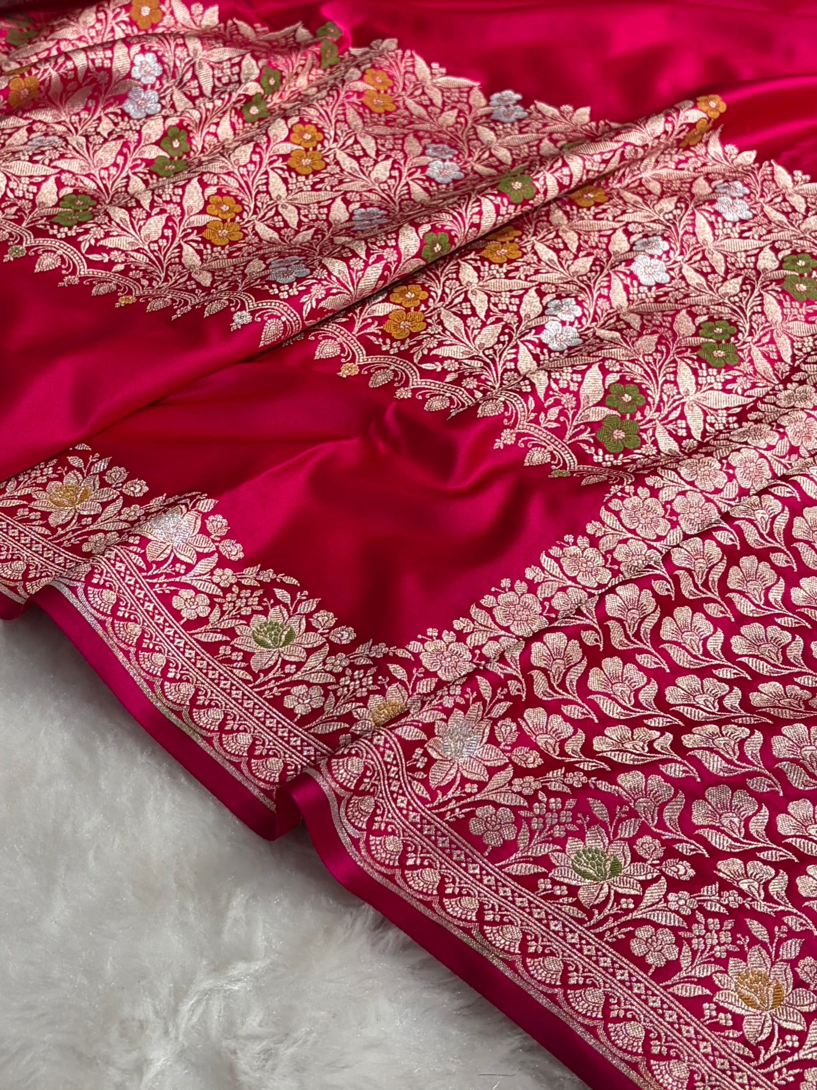 Mashru Silk Banarasi Saree with Rupa Sona Motifs & Scalloped Border