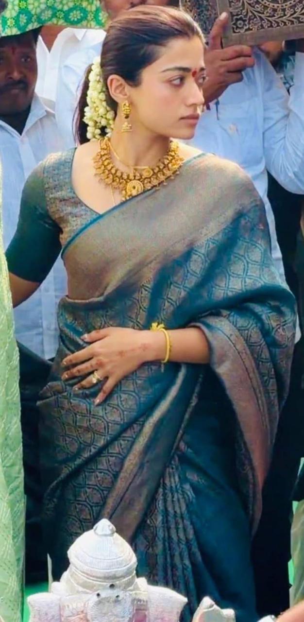 Rashmika Mandanna Inspired Crepe Brocade Mysore Silk Saree with Rich Pallu