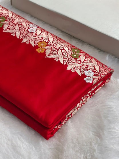 Mashru Silk Banarasi Saree with Rupa Sona Motifs & Scalloped Border