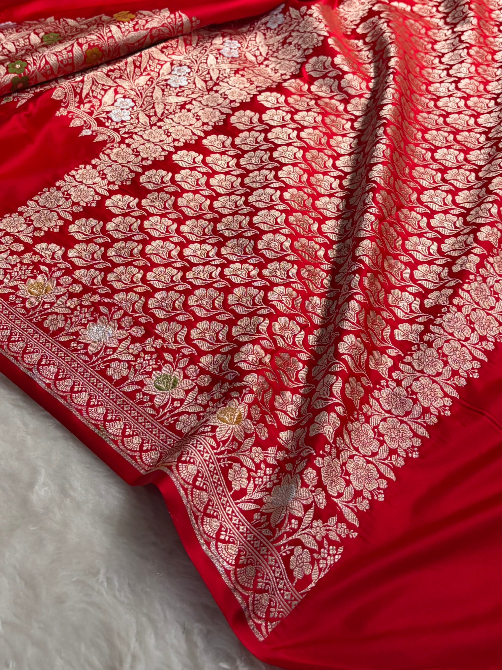 Mashru Silk Banarasi Saree with Rupa Sona Motifs & Scalloped Border