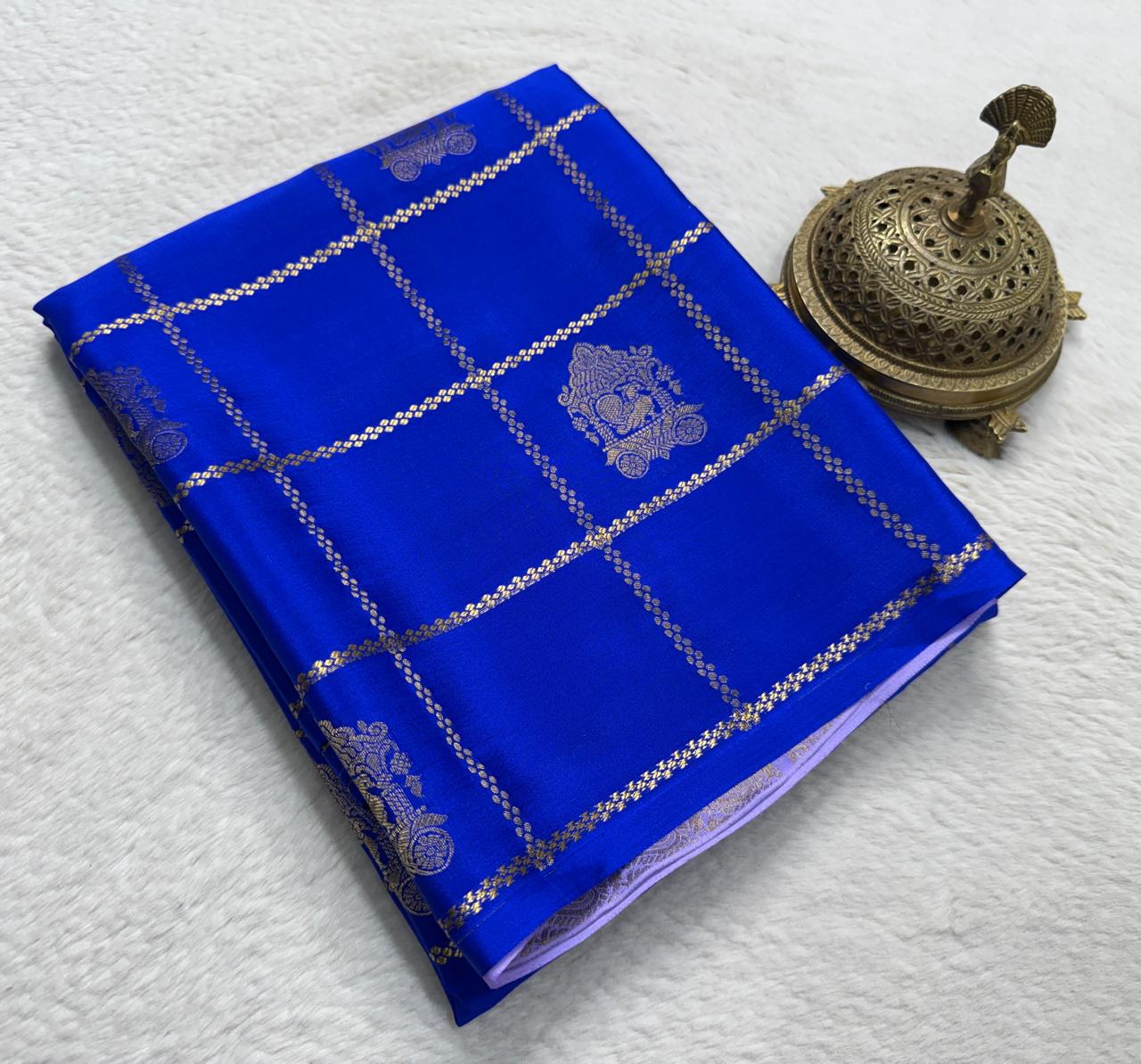 Semi Crepe Silk Saree with Checks Pattern, Chariot & Peacock Motifs | Rich Pallu Contrast Blouse Saree