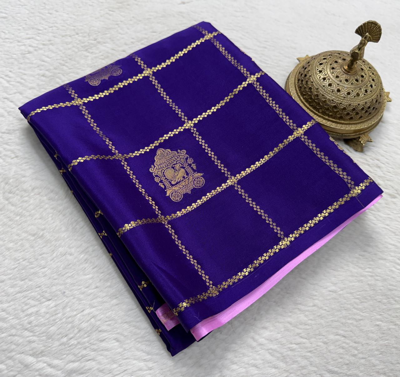 Semi Crepe Silk Saree with Checks Pattern, Chariot & Peacock Motifs | Rich Pallu Contrast Blouse Saree