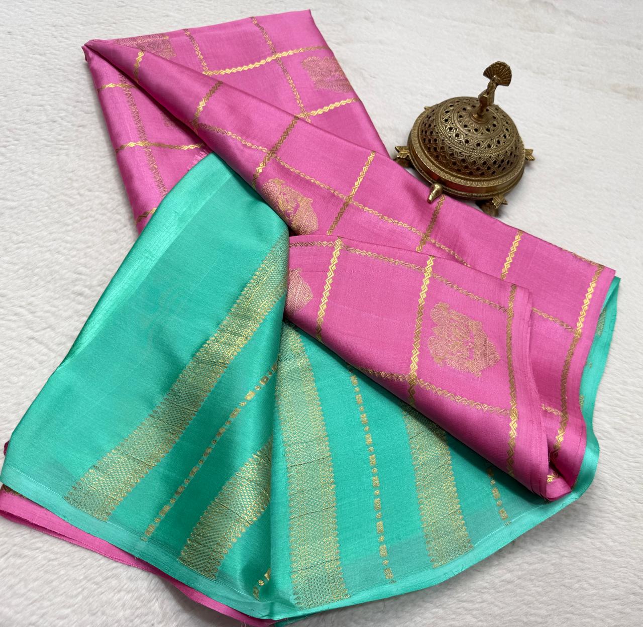 Semi Crepe Silk Saree with Checks Pattern, Chariot & Peacock Motifs | Rich Pallu Contrast Blouse Saree