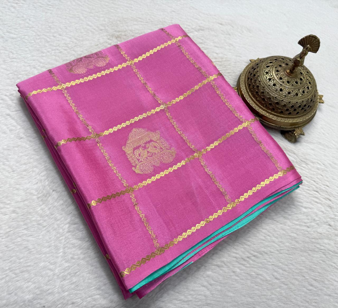Semi Crepe Silk Saree with Checks Pattern, Chariot & Peacock Motifs | Rich Pallu Contrast Blouse Saree