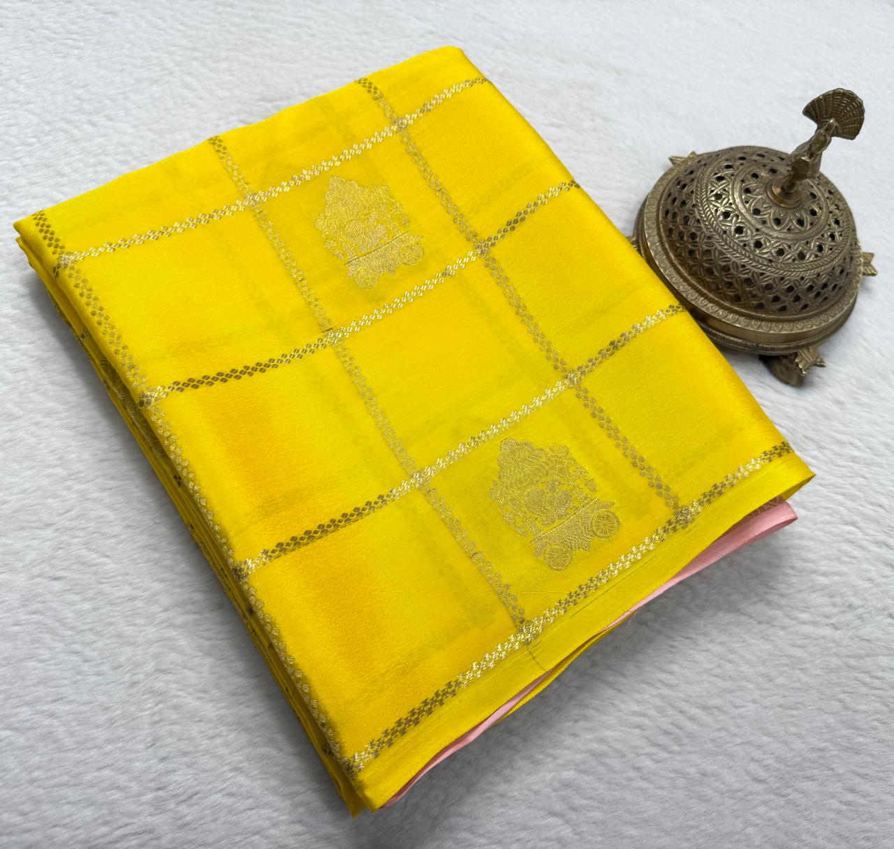 Semi Crepe Silk Saree with Checks Pattern, Chariot & Peacock Motifs | Rich Pallu Contrast Blouse Saree