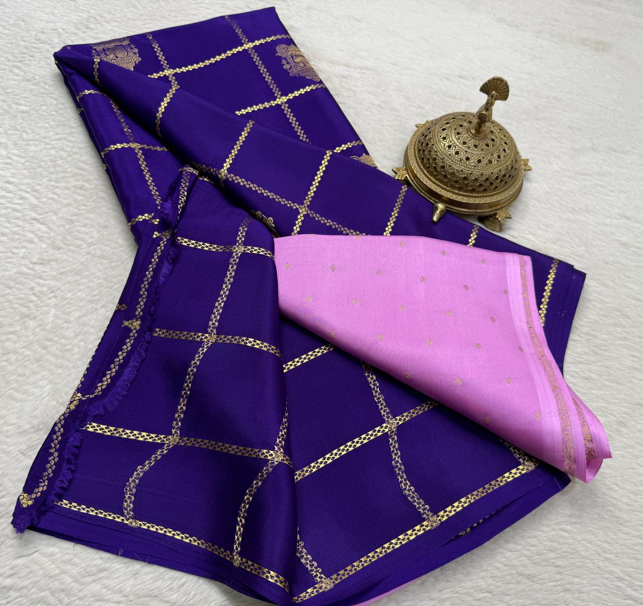 Semi Crepe Silk Saree with Checks Pattern, Chariot & Peacock Motifs | Rich Pallu Contrast Blouse Saree
