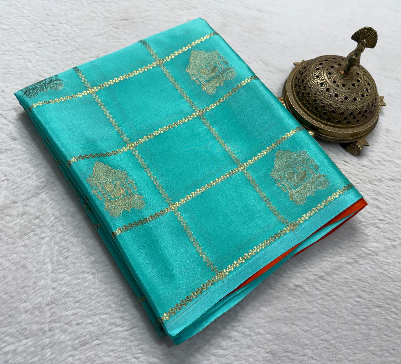Semi Crepe Silk Saree with Checks Pattern, Chariot & Peacock Motifs | Rich Pallu Contrast Blouse Saree