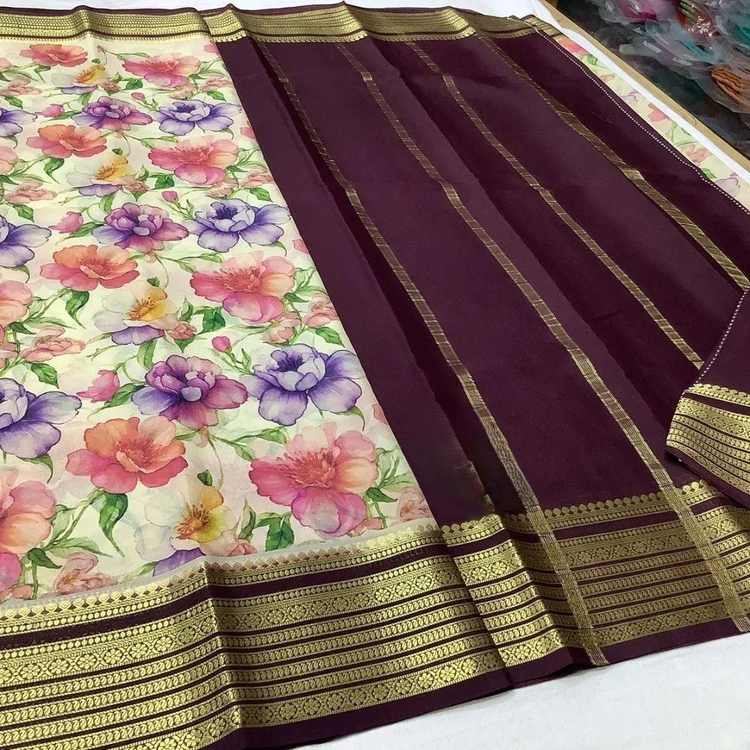 Eye-Pleasing Modern Printed Mysore Crepe Silk with Kanchi Border