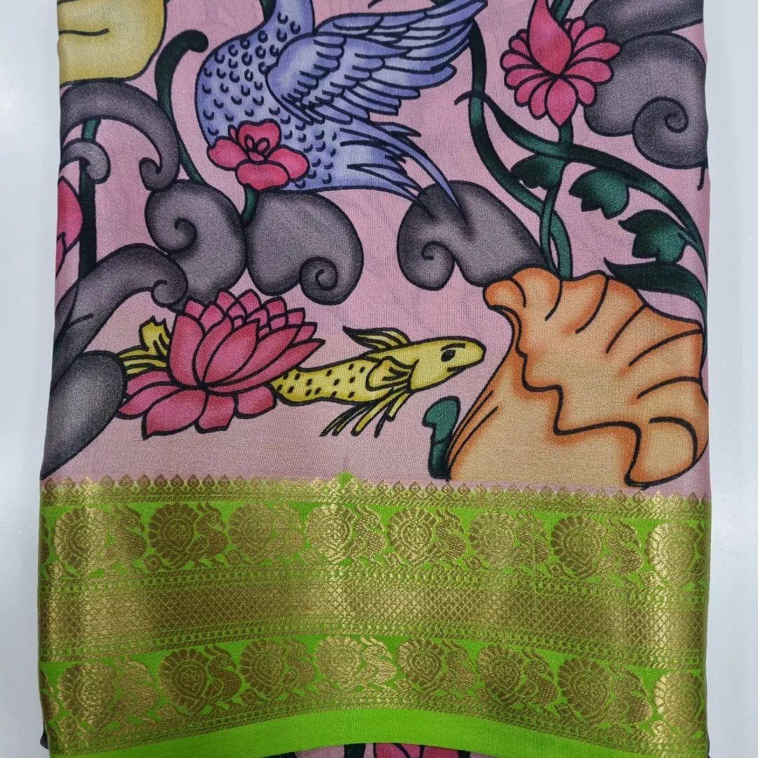 Mysore Crepe Saree: Kalamkari Print and Zari Pallu Charm
