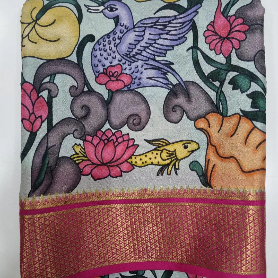 Mysore Crepe Saree: Kalamkari Print and Zari Pallu Charm