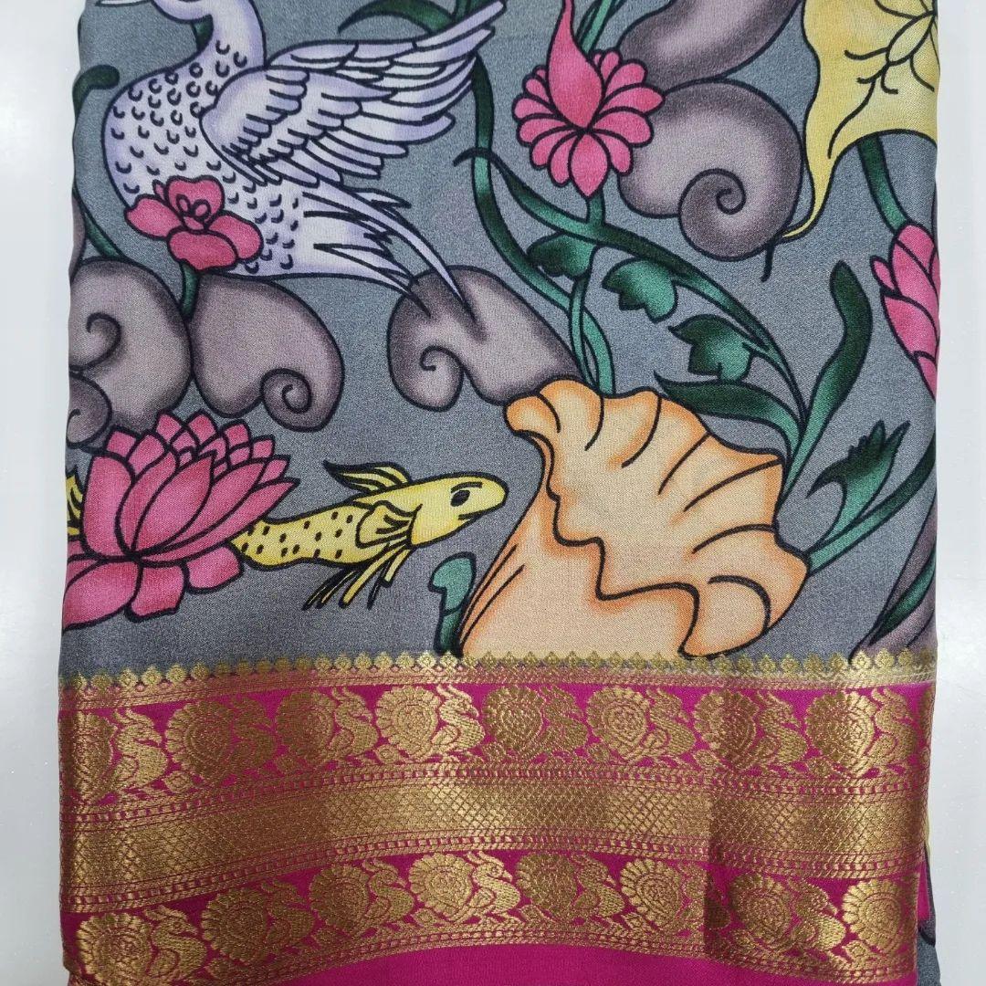 Mysore Crepe Saree: Kalamkari Print and Zari Pallu Charm