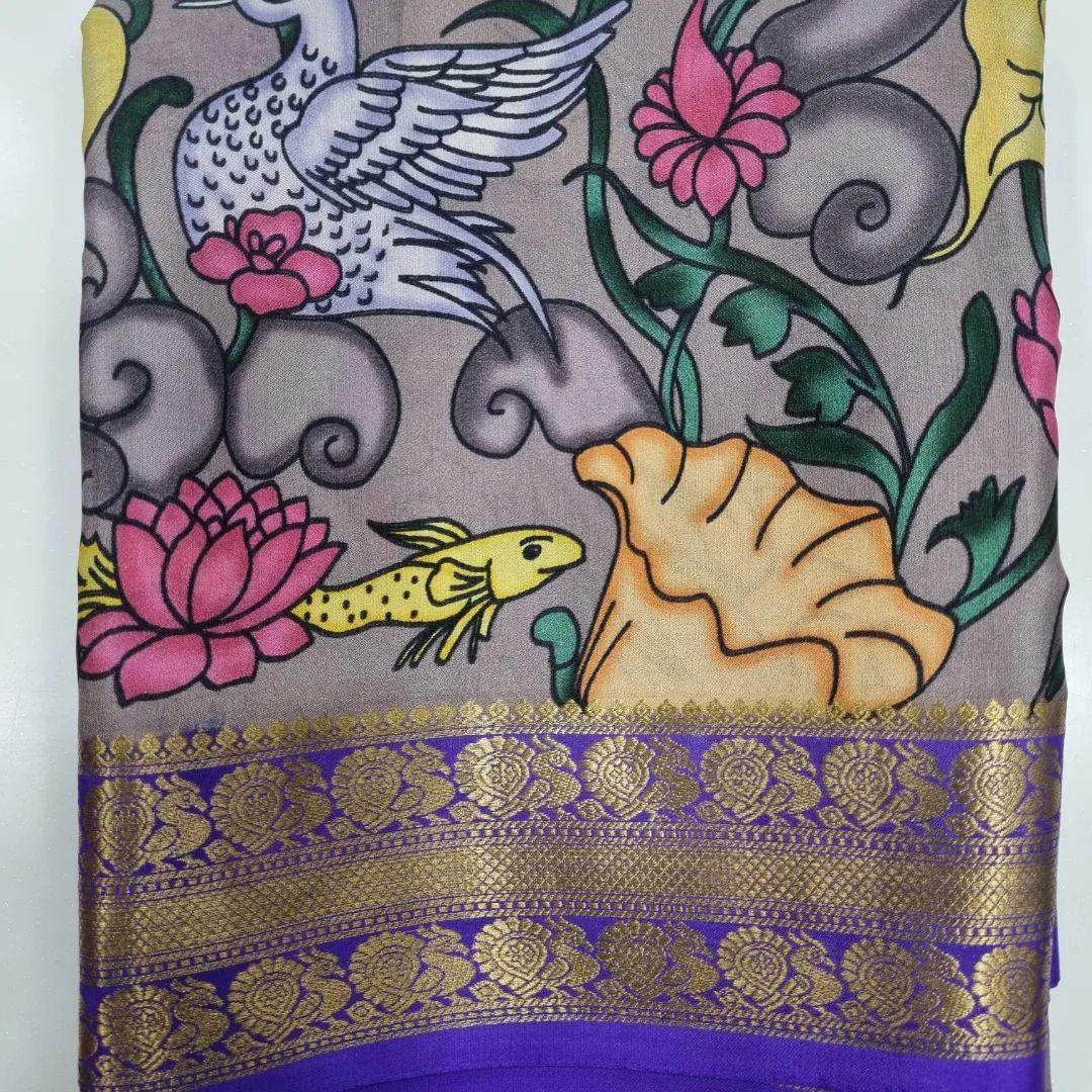 Mysore Crepe Saree: Kalamkari Print and Zari Pallu Charm