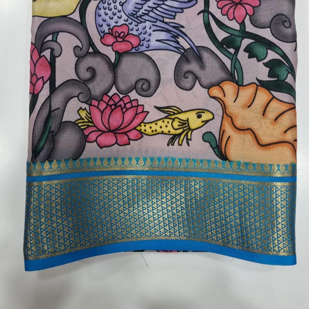 Mysore Crepe Saree: Kalamkari Print and Zari Pallu Charm