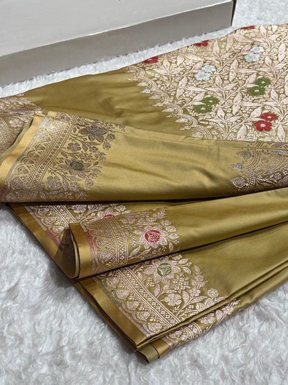 Mashru Silk Banarasi Saree with Rupa Sona Motifs & Scalloped Border