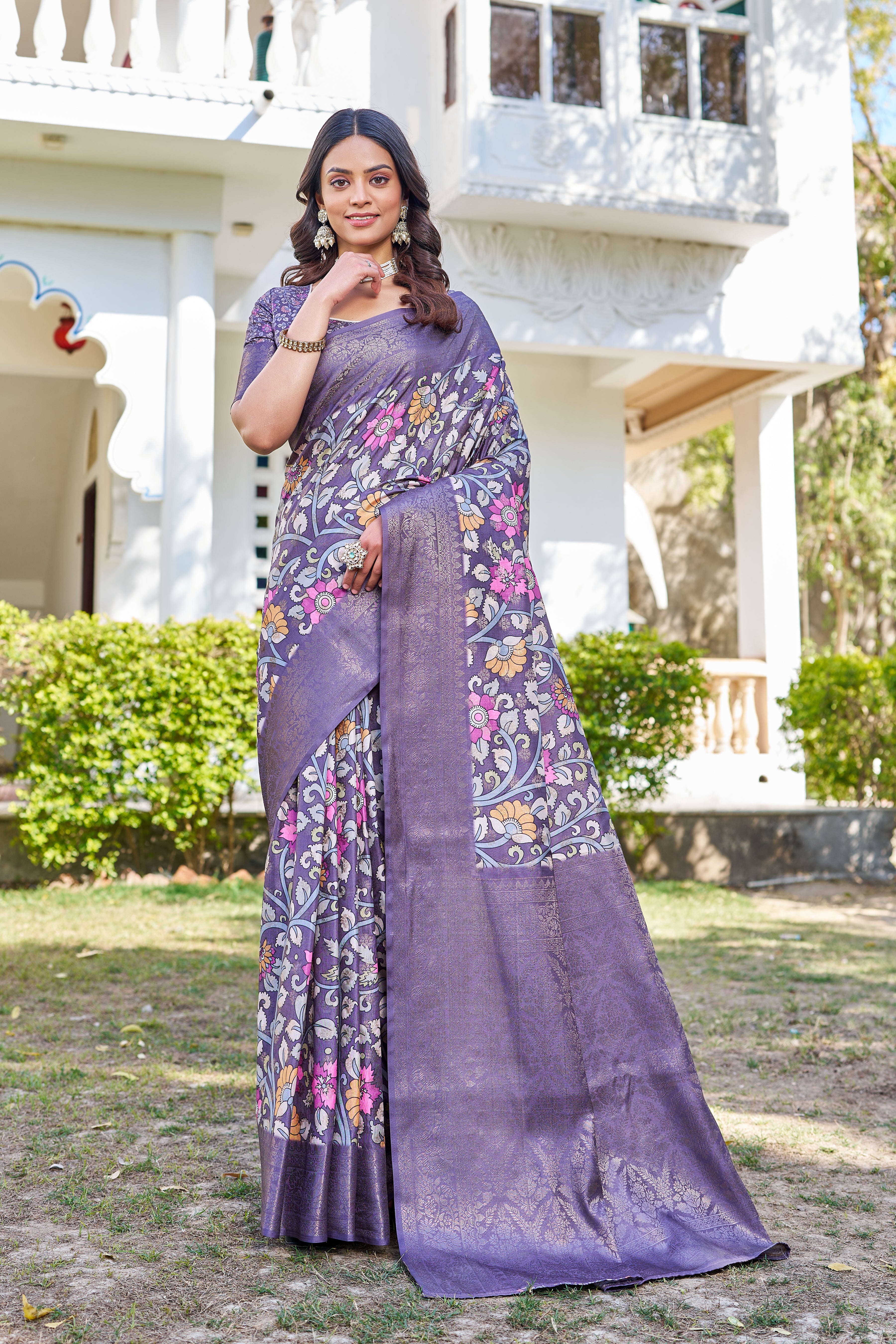 Elegant Digital Floral Print on Pure Linen Silk