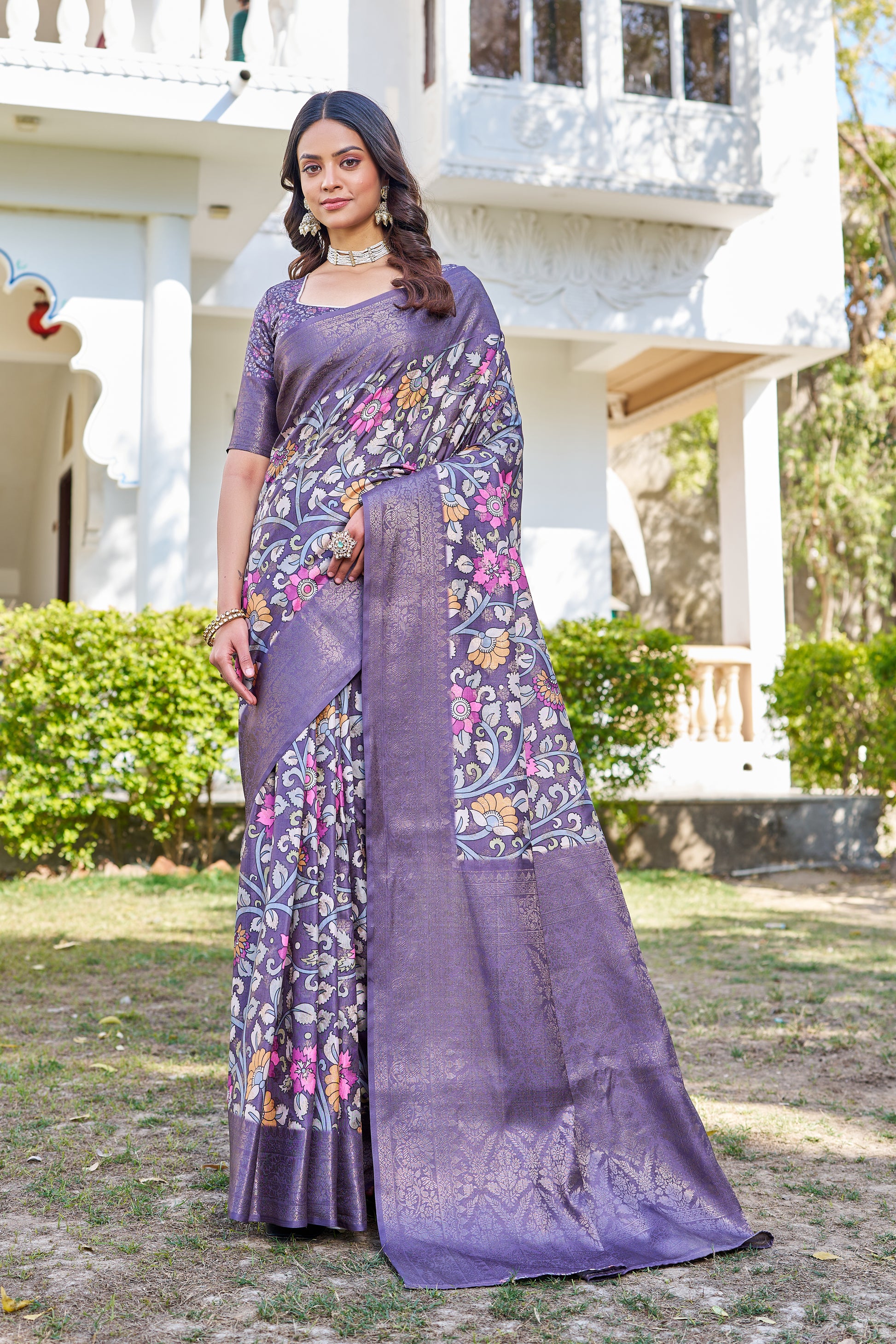 Elegant Digital Floral Print on Pure Linen Silk