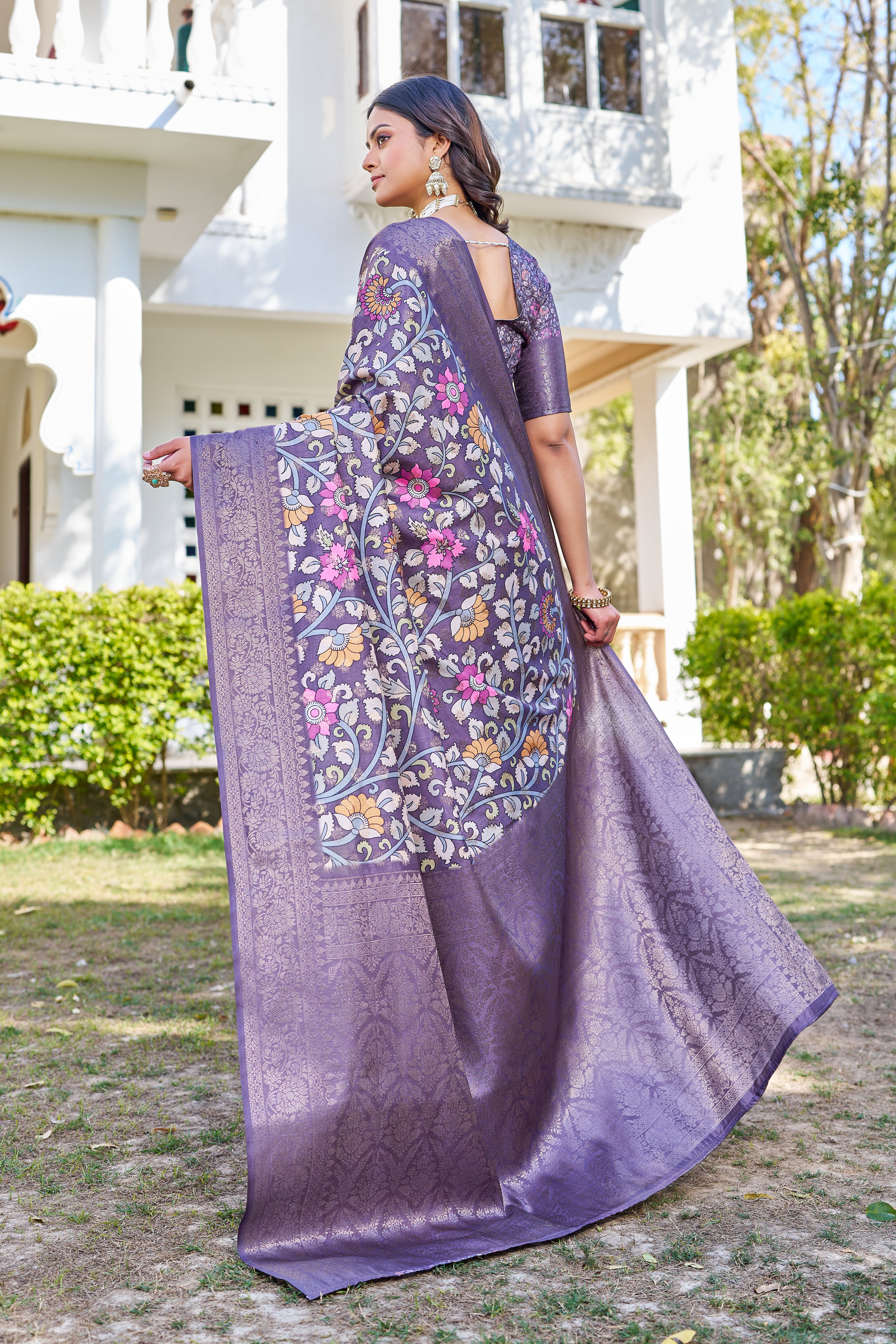 Elegant Digital Floral Print on Pure Linen Silk